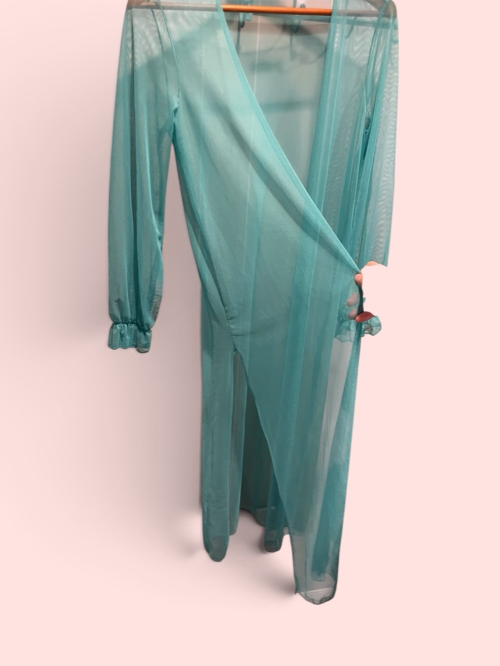 Cute aqua mesh high leg maxi robe coquette swim coverup lingerie